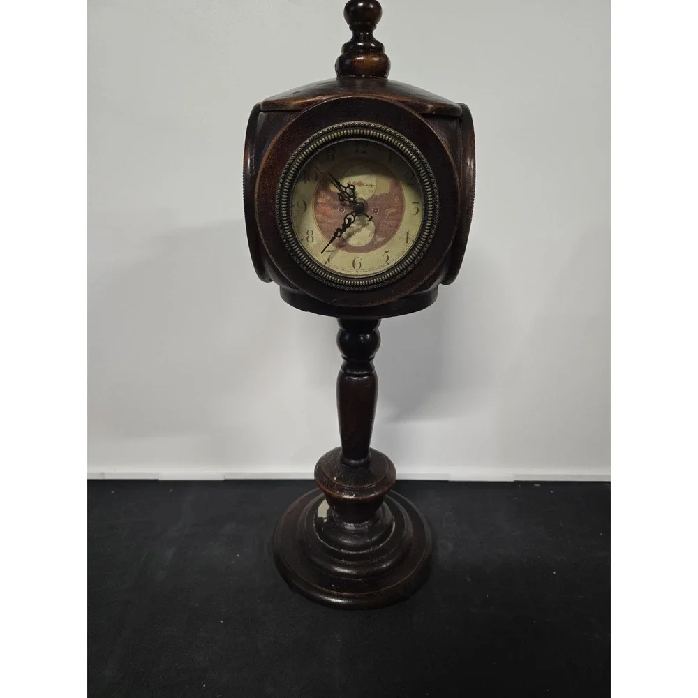 Vintage 4 Sided Wooden Pedestal Clock 1980s 4-Faced Table Mantel Clock Rustic